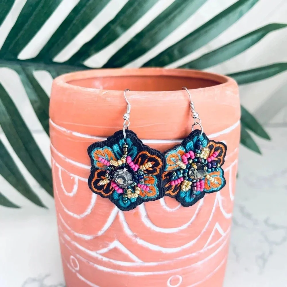 2/$30🌵 Boho Moody Embroidered Beaded Floral Earrings Style Dangle Jewelry NEW